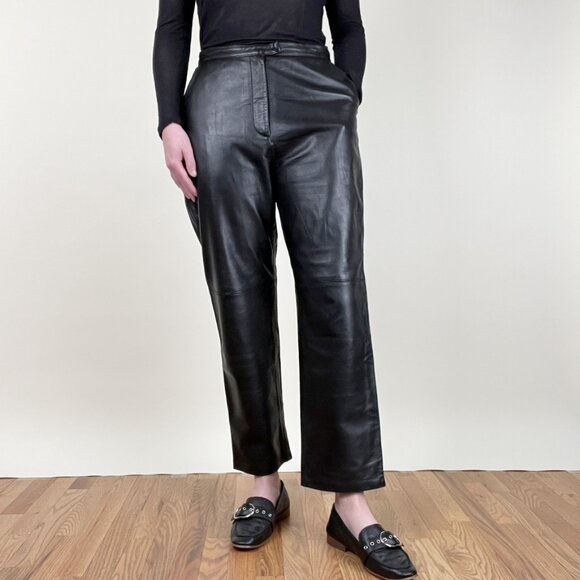 Vintage 100% Lamb Leather High Rise Waisted Straight Leg Trouser Pants Preppy - Picture 1 of 5